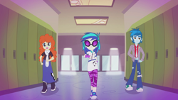 Size: 1280x720 | Tagged: safe, screencap, character:dj pon-3, character:vinyl scratch, episode:music to my ears, g4, my little pony:equestria girls, background human, canterlot high, clothing, dress, female, golden hazel, hallway, lockers, pants, shoes, smiling, sneakers, thunderbass