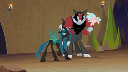 Size: 1280x720 | Tagged: safe, screencap, character:cozy glow, character:lord tirek, character:queen chrysalis, species:centaur, species:changeling, species:pegasus, species:pony, episode:frenemies, g4, my little pony: friendship is magic, bickering, bow, changeling queen, cloven hooves, evil lair, female, filly, floppy ears, flying, foal, former queen chrysalis, grogar's lair, hair bow, horns, insect wings, lair, male, nose piercing, nose ring, piercing, raised hoof, spread wings, trio, wings