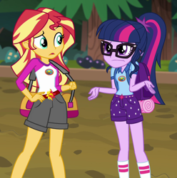 Size: 826x834 | Tagged: safe, screencap, character:sunset shimmer, character:twilight sparkle, character:twilight sparkle (scitwi), species:eqg human, equestria girls:legend of everfree, g4, my little pony:equestria girls, backpack, camp everfree outfits, cropped, duo, female, forest, luggage, raised eyebrow, shrug