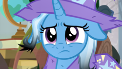 Size: 1920x1080 | Tagged: safe, screencap, character:trixie, species:pony, species:unicorn, episode:a horse shoe-in, g4, my little pony: friendship is magic, about to cry, cape, clothing, cute, diatrixes, female, floppy ears, frown, hat, heartbreak, mare, messy mane, sad, sadorable, solo, trixie's cape, trixie's hat