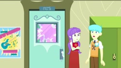 Size: 1280x720 | Tagged: safe, screencap, character:bright idea, character:starlight, episode:epic fails, eqg summertime shorts, g4, my little pony:equestria girls, background human, bright idea, door, female, lockers, male, shocked, starlight, written equestrian