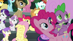 Size: 1280x720 | Tagged: safe, screencap, character:apple bloom, character:applejack, character:carrot top, character:doctor whooves, character:fluttershy, character:golden harvest, character:lily, character:lily valley, character:pinkie pie, character:rarity, character:spike, character:sweetie belle, character:time turner, character:twilight sparkle, character:twilight sparkle (alicorn), species:alicorn, species:dragon, species:earth pony, species:pegasus, species:pony, species:unicorn, episode:newbie dash, g4, my little pony: friendship is magic, bleachers, bow, bow tie, cotton candy, female, filly, male, mare, scared, stallion