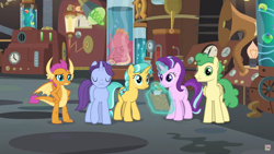 Size: 1920x1080 | Tagged: safe, screencap, character:citrine spark, character:fire quacker, character:huckleberry, character:november rain, character:smolder, character:starlight glimmer, species:dragon, species:pegasus, species:pony, species:unicorn, episode:a horse shoe-in, g4, my little pony: friendship is magic, claws, clipboard, eyes closed, friendship student, glowing horn, guidance counselor, hands on hip, headmare starlight, horn, horns, laboratory, magic, magic aura, male, pencil, raised eyebrow, specimens, spread wings, students, teacher and student, teenaged dragon, teenager, unimpressed, wings, young mare, young stallion
