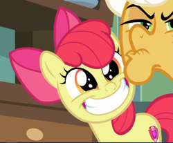 Size: 755x624 | Tagged: safe, screencap, character:apple bloom, character:goldie delicious, species:earth pony, species:pony, episode:going to seed, g4, my little pony: friendship is magic, adorabloom, cropped, cute, elderly, faec, female, filly, happy, smiling, solo focus, teeth