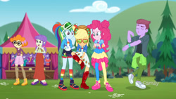 Size: 2048x1151 | Tagged: safe, screencap, character:applejack, character:pinkie pie, character:rainbow dash, character:scribble dee, character:starlight, episode:accountibilibuddies, g4, my little pony:equestria girls, background human, broken bone, broken foot, duke suave, female, geode of sugar bombs, magical geodes, male, shoes, sneakers, starlight