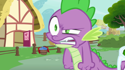 Size: 1280x720 | Tagged: safe, screencap, character:spike, species:dragon, episode:just for sidekicks, g4, my little pony: friendship is magic, angry, bucket, faec, fangs, fist, hay, house, male, open door, ponyville, solo, teeth, tree