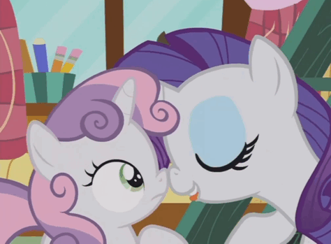 Size: 474x349 | Tagged: safe, screencap, character:rarity, character:sweetie belle, species:pony, species:unicorn, episode:forever filly, g4, my little pony: friendship is magic, animated, boop, clubhouse, crusaders clubhouse, excited, female, filly, happy, hoof on chest, mare, noseboop, pencil, pointing