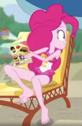 Size: 536x826 | Tagged: safe, screencap, character:feather bangs, character:pinkie pie, episode:friendship math, g4, my little pony:equestria girls, barefoot, beach chair, clothing, cute, diapinkes, feet, looking sideways, low quality, magazine, soles, swimsuit, toes