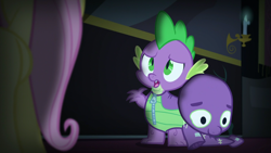 Size: 1920x1080 | Tagged: safe, screencap, character:fluttershy, character:spike, species:dragon, species:pegasus, species:pony, episode:scare master, g4, my little pony: friendship is magic, castle, clothing, costume, dragon costume, female, male, mare, nightmare night, twilight's castle