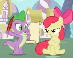 Size: 711x572 | Tagged: safe, screencap, character:apple bloom, character:spike, species:dragon, species:earth pony, species:pony, episode:the cutie pox, g4, my little pony: friendship is magic, bedroom eyes, bow, cropped, duo, female, filly, low quality, male, needs more jpeg, out of context, ponyville, quill, scroll, sitting