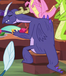 Size: 290x335 | Tagged: safe, screencap, character:scales, species:dragon, episode:the hearth's warming club, g4, my little pony: friendship is magic, background dragon, cropped, eating, eyes closed, nose horn, sitting, solo focus