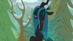 Size: 1920x1080 | Tagged: safe, screencap, character:queen chrysalis, species:changeling, episode:frenemies, g4, my little pony: friendship is magic, changeling queen, eyes closed, female, former queen chrysalis, solo, tree