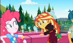 Size: 1518x900 | Tagged: safe, screencap, character:paisley, character:pinkie pie, character:sunset shimmer, character:wallflower blush, equestria girls:sunset's backstage pass, g4, my little pony:equestria girls, barrier, discovery kids, forest, garden grove, line-up, music festival outfit, wristband