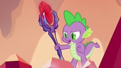 Size: 1280x720 | Tagged: safe, screencap, character:spike, species:dragon, episode:gauntlet of fire, g4, my little pony: friendship is magic, dragon lord spike, hand on hip, male, open mouth, scepter, solo
