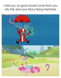 Size: 710x900 | Tagged: safe, screencap, character:pinkie pie, species:pony, episode:griffon the brush-off, cannonball jenkins, crash landing, falling, female, fist in the air, flying contraption, funny, helmet, human cannonball, mare, meme, old man jenkins, parachute, pinkiecopter, spongebob squarepants, stunt suit, the sponge who could fly, unconscious