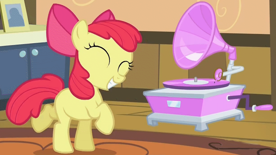 Size: 960x540 | Tagged: safe, screencap, character:apple bloom, species:earth pony, species:pony, episode:somepony to watch over me, g4, my little pony: friendship is magic, adorable face, adorabloom, animated, bow, cute, dancing, eyes closed, female, filly, foal, grin, hair bow, happy, record player, smiling