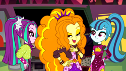 Size: 1912x1080 | Tagged: safe, screencap, character:adagio dazzle, character:aria blaze, character:sonata dusk, equestria girls:sunset's backstage pass, g4, my little pony:equestria girls, clothing, dress, female, lidded eyes, minidress, open mouth, outdoors, pigtails, ponytail, raised eyebrow, smiling, spiked wristband, taco dress, the dazzlings, trio, trio female, twintails, wristband