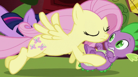 Size: 450x253 | Tagged: safe, screencap, character:fluttershy, character:spike, character:twilight sparkle, character:twilight sparkle (unicorn), species:dragon, species:pegasus, species:pony, species:unicorn, episode:friendship is magic, g4, my little pony: friendship is magic, animated, carrying, cute, female, flying, golden oaks library, male, mare, spikelove
