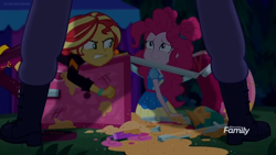 Size: 1366x768 | Tagged: safe, screencap, character:pinkie pie, character:sunset shimmer, equestria girls:sunset's backstage pass, g4, my little pony:equestria girls, angry, broken, discovery family logo, fake smile, food, food cart, framed by legs, max steele, night, ruined, sauce, security guard, upset