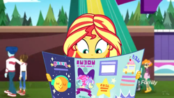 Size: 1280x720 | Tagged: safe, screencap, character:curly winds, character:kiwi lollipop, character:scribble dee, character:sunset shimmer, character:supernova zap, character:wiz kid, character:written script, equestria girls:sunset's backstage pass, g4, my little pony:equestria girls, arm on shoulder, background human, clothing, converse, curly winds, discovery family logo, kiwi lollipop, pants, postcrush, shoes, some blue guy, supernova zap, wiz kid, written equestrian