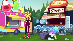 Size: 1366x768 | Tagged: safe, screencap, character:snips, character:sunset shimmer, equestria girls:sunset's backstage pass, g4, my little pony:equestria girls, clothing, crossed arms, discovery family logo, food cart, hat, ice cream cone, rainbow hat, top hat, wristband, written equestrian