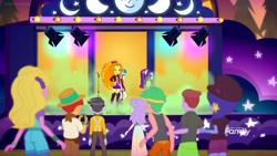 Size: 1366x768 | Tagged: safe, screencap, character:adagio dazzle, character:aria blaze, character:microchips, character:sonata dusk, equestria girls:sunset's backstage pass, g4, my little pony:equestria girls, background human, background human audience, crowd, discovery family logo, duke suave, green smoke, hunter hedge, lemon zack, moon, sandy cerise, smoke, sneer, snow flower, space camp (character), spotlight, stage, the dazzlings