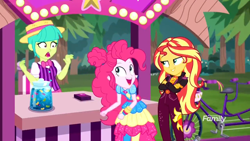 Size: 1366x768 | Tagged: safe, screencap, character:pinkie pie, character:sunset shimmer, equestria girls:sunset's backstage pass, g4, my little pony:equestria girls, background human, belle barker, bicycle, booth, carny, crossed arms, discovery family logo, female, forest, jar, jelly beans, joy buzzer, lights, music festival outfit, tandem bicycle, vendor