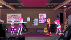 Size: 1366x768 | Tagged: safe, screencap, character:kiwi lollipop, character:pinkie pie, character:sunset shimmer, character:supernova zap, equestria girls:sunset's backstage pass, g4, my little pony:equestria girls, backstage, carpet, clipboard, clothing, discovery family logo, guitar, kiwi lollipop, ladder, pointing, poster, schedule, shoes, sneakers, speakers, stockings, supernova zap, thigh highs