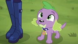 Size: 1280x720 | Tagged: safe, screencap, character:spike, character:spike (dog), character:twilight sparkle, character:twilight sparkle (scitwi), species:dog, species:eqg human, episode:the road less scheduled, g4, my little pony:equestria girls, boots, cute, female, male, offscreen character, paws, shoes, smiling, spikabetes, spike's dog collar, tail, the road less scheduled: fluttershy