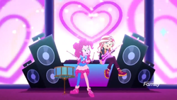 Size: 1366x768 | Tagged: safe, screencap, character:pinkie pie, character:sunset shimmer, equestria girls:sunset's backstage pass, g4, my little pony:equestria girls, digital screen, discovery family logo, drums, drumsticks, guitar, heart, shoes, singing, sneakers, speakers