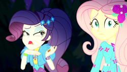 Size: 1886x1080 | Tagged: safe, screencap, character:fluttershy, character:rarity, equestria girls:sunset's backstage pass, g4, my little pony:equestria girls, campfire, disapproval, duo, female, flower, flower in hair, geode of shielding, magical geodes