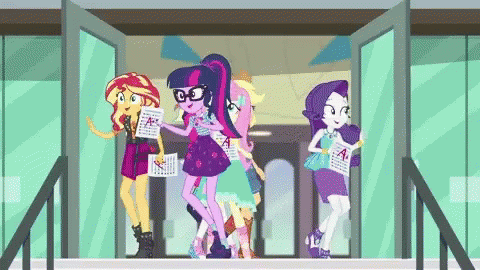 Size: 480x270 | Tagged: safe, screencap, character:applejack, character:fluttershy, character:pinkie pie, character:rainbow dash, character:rarity, character:sunset shimmer, character:twilight sparkle, character:twilight sparkle (scitwi), species:eqg human, episode:the finals countdown, g4, my little pony:equestria girls, animated, canterlot high, cheering, gif, happy, humane five, humane seven, humane six, jumping
