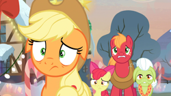 Size: 3840x2160 | Tagged: safe, screencap, character:apple bloom, character:applejack, character:big mcintosh, character:granny smith, species:pony, episode:hearthbreakers, g4, my little pony: friendship is magic, do not want, upscaled