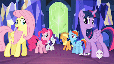 Size: 400x225 | Tagged: safe, screencap, character:applejack, character:fluttershy, character:pinkie pie, character:rainbow dash, character:rarity, character:twilight sparkle, character:twilight sparkle (alicorn), species:alicorn, species:earth pony, species:pegasus, species:pony, species:unicorn, episode:twilight's kingdom, g4, my little pony: friendship is magic, all new, animated, cute, dancing, happy, hub logo, let the rainbow remind you, looking at you, mane six, perfect loop, talking, text, twilight's castle