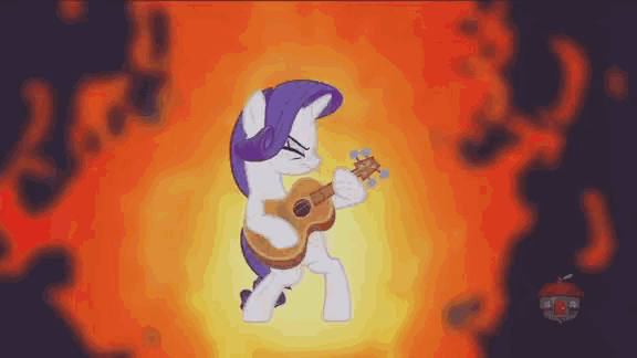 Size: 576x324 | Tagged: safe, screencap, character:rarity, species:pony, species:unicorn, episode:honest apple, g4, my little pony: friendship is magic, angry, animated, badass, bipedal, brütal, female, fire, gif, gritted teeth, guitar, guitarity, heavy metal, logo, mare, metal as fuck, musical instrument, perfect loop, solo