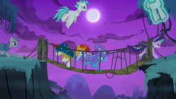 Size: 1920x1080 | Tagged: safe, screencap, character:maud pie, character:mudbriar, character:starlight glimmer, character:sunburst, character:terramar, character:trixie, species:pony, episode:student counsel, magic, petrification, rockbriar, rope bridge