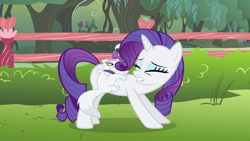 Size: 1920x1080 | Tagged: safe, screencap, character:opalescence, character:rarity, species:pony, species:unicorn, episode:stare master, g4, my little pony: friendship is magic, cat, eyes closed, female, lip bite, mare