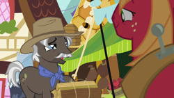 Size: 1280x720 | Tagged: safe, screencap, character:big mcintosh, character:burnt oak, species:earth pony, species:pony, episode:the perfect pear, g4, my little pony: friendship is magic, clothing, crying, cutie mark, feels, firewood, hat, male
