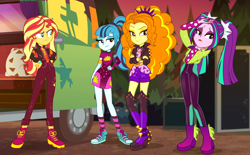 Size: 1418x880 | Tagged: safe, screencap, character:adagio dazzle, character:aria blaze, character:sonata dusk, character:sunset shimmer, equestria girls:sunset's backstage pass, g4, my little pony:equestria girls, boots, clothing, converse, cropped, crossed arms, dress, female, hand on hip, high heel boots, jacket, legs, outdoors, pigtails, ponytail, quartet, shoes, shorts, smiling, smirk, sneakers, socks, spiked wristband, striped socks, sunset shimmer is not amused, taco dress, the dazzlings, tour bus, twintails, unamused, wristband