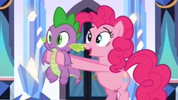 Size: 853x480 | Tagged: safe, screencap, character:pinkie pie, character:spike, species:dragon, species:earth pony, species:pony, episode:the crystal empire, g4, my little pony: friendship is magic, crystal empire, cute, female, happy, holding a dragon, male, mare