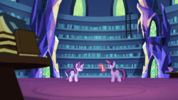 Size: 1280x720 | Tagged: safe, screencap, character:starlight glimmer, character:twilight sparkle, character:twilight sparkle (alicorn), species:alicorn, species:pony, episode:every little thing she does, g4, my little pony: friendship is magic, animated, book, competition, ladder, levitation, library, magic, scroll, sound, telekinesis, teleportation, twilight's castle, webm