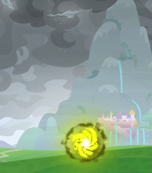 Size: 939x1071 | Tagged: safe, screencap, species:pony, episode:the ending of the end, g4, my little pony: friendship is magic, canterlot, canterlot castle, cloud, cloudy, dark magic, destroyed, implied grogar, magic, portal, ruins of canterlot, series finale, windigo