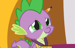 Size: 1120x720 | Tagged: safe, screencap, character:spike, species:dragon, episode:the ending of the end, g4, my little pony: friendship is magic, leak, crying, cute, fangs, male, medal, series finale, smiling, solo, spikabetes, tail, tears of joy, teary eyes, the end, winged spike