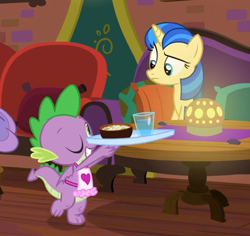 Size: 588x555 | Tagged: safe, screencap, character:mystic moonlight, character:spike, species:dragon, species:pony, species:unicorn, episode:the point of no return, g4, my little pony: friendship is magic, apron, clothing, cropped, female, food, male, mare, naked apron, one eye closed, raised leg, tail, tray, winged spike, wings, wink