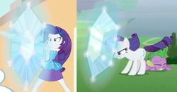 Size: 1268x664 | Tagged: safe, screencap, character:rarity, character:spike, species:dragon, species:pony, species:unicorn, episode:the ending of the end, equestria girls:rollercoaster of friendship, g4, my little pony: friendship is magic, my little pony:equestria girls, angry, comparison, female, force field, geode of shielding, gritted teeth, magic, magical geodes, mare, shield, smoke, winged spike