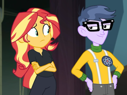 Size: 960x720 | Tagged: safe, screencap, character:microchips, character:sunset shimmer, episode:all the world's off stage, g4, my little pony:equestria girls, all the world's off stage: micro chips, clothing, crossed arms, cyoa, director shimmer, female, male, palindrome get, pants