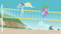 Size: 1280x720 | Tagged: safe, screencap, character:rainbow dash, character:spike, animated, beach, claws, equestria hills 90210, female, male, no sound, sports, volleyball, webm