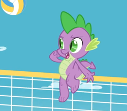 Size: 401x349 | Tagged: safe, screencap, character:spike, species:dragon, claws, cropped, equestria hills 90210, fangs, male, sky, sports, volleyball