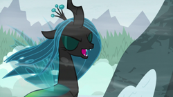 Size: 1920x1080 | Tagged: safe, screencap, character:queen chrysalis, species:changeling, episode:frenemies, g4, my little pony: friendship is magic, changeling queen, eyes closed, female, solo, wind, windswept mane