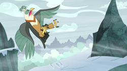 Size: 1920x1080 | Tagged: safe, screencap, character:queen chrysalis, species:bird, species:roc, episode:frenemies, g4, my little pony: friendship is magic, disguise, disguised changeling, eyes closed, female, snow, solo, wind